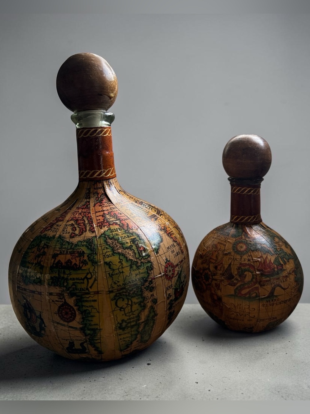 Fausto Corduri Vintage Italian Leather Old World Map Decanter Set